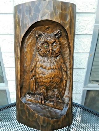 Large Vintage Hand - Carved Wood Owl Sculpture Wall Hanging 18 " Intricate Carving