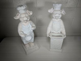 2 Large Pig Chef Cook Utensil Holder Statue Decoration Restaurant Art Pork Bbq