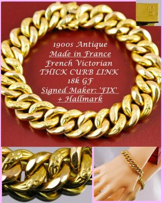 1900s Antique French Victorian Thick Curb Link 18k Gold F Bangle Bracelet Signed