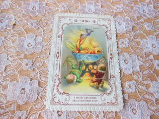 Victorian Christmas Card/figure Eaten By Dragon In Dish