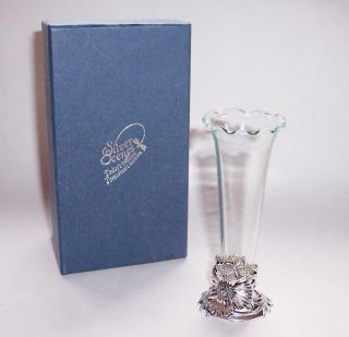 Vintage Silver Scenes Glass Posy Vase With Silver Plated Poppy & Butterfly Boxed