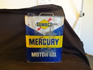 Old Vtg Sunoco Mercury Motor Oil Tin Can Two (2) Gallons Usa 10 1/2 " X 8 "