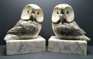Vintage Hand Carved Solid Marble Owl Bookends W/glass Eyes Italy 5.  25 Lbs Each
