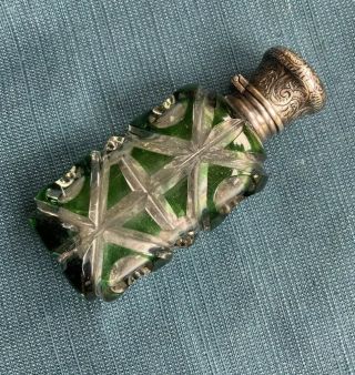 Antique Victorian Silver & Glass Overlay Perfume Scent Bottle Green