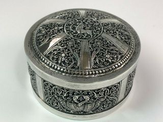 Intricately Decorated Persian 800 Or Better Silver Lidded Box Swans & Mythical