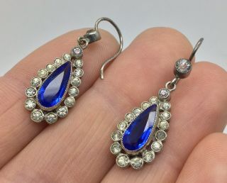 Antique Victorian Georgian Diamond Paste & Blue Stone Earrings Costume Jewellery