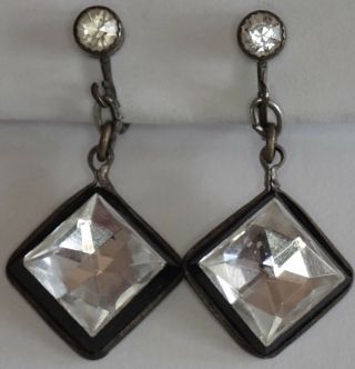 Antique Art Deco Brass Black Glass Crystal Paste Dangle Earrings
