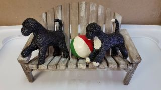 Rare Big Portuguese Water Dog Dogs W/ Beach Ball On Bench Statue Signed 2005