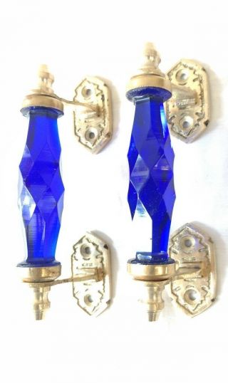 2 Ps Vintage Glass Blue Door Handle W Brass Puller Cabinet Kitchen Home Decor Us