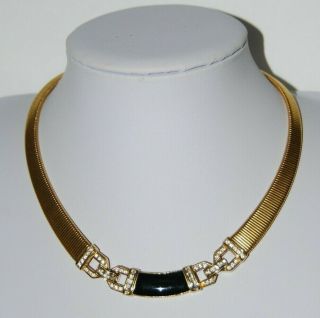 Elegant Vintage Christian Dior Golden Metal Black Enamel & Rhinestones Necklace