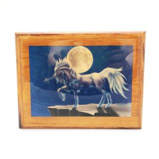 Vintage Unicorn Wood Wall Hanging Art Plaque Full Moon,  Sue Dawe 1980s