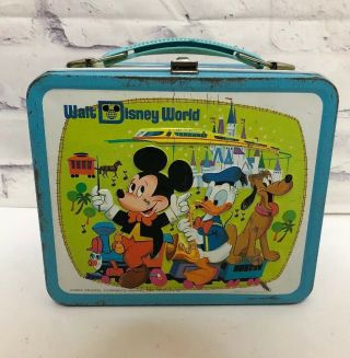 Vintage Mickey Mouse Metal Walt Disney World Aladdin Lunch Box Donald Duck Pluto