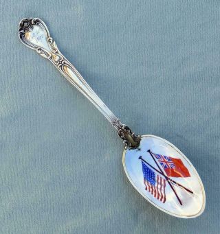 Antique Gorham Sterling & Enamel Spoon With Us Flag And British Red Ensign Flag