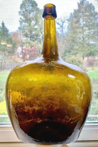 19th Century Xlg Hand Blown Demijohn Bottle Flask Amber Open Pontil - European?