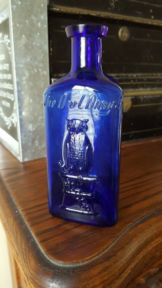 The Owl Drug Co.  Cobalt Blue Poison 5 3/4 " Tall.  Near Cond.  Example