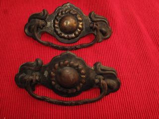 Antique Ornate Brass Bronze Pair Drawer Pulls Handles Victorian Rococo Fancy