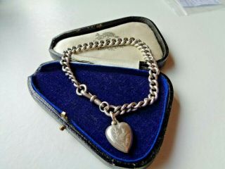 Antique Victorian Silver Watch Chain Bracelet & Puffy Heart Swallow Fob