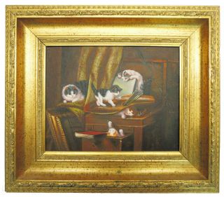 Vintage Oil Painting Of Cats & Kittens In Artist Studio Antique Palettes/ Canvas