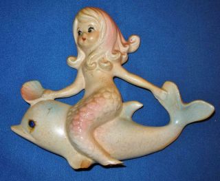 Vintage Lefton Mermaid Riding Dolphin Ceramic Wall Plaque Bathroom Decor Retro