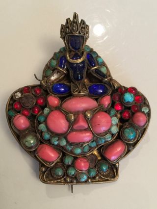 Antique Art Deco Chinese Tibet Coral Turquoise Gilt Goddess Brooch Pin