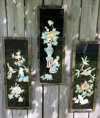 3 Vintage Asian Black Lacquer Mother Of Pearl Wall Panels Art Asian Birds