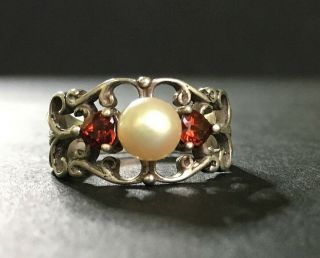 Antique Victorian Sterling Silver Natural Saltwater Pearl & Red Garnet Ring 7.  25