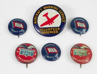 6 Orig.  Wwii Pinback Buttons Aircraft Warning Service Liberty Loan Victory Girls