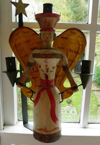 Hand Painted Vintage Tin And Wood Folk Art Candle Stand In The Form Of An Angel