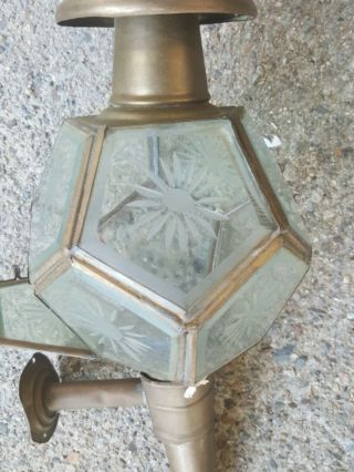 Antique Brass Lantern Wall Sconce Light Fixture Etched Beveled Glass Panels
