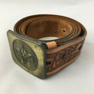 Vintage Boy Scout Tooled Leather Belt And Brass Buckle Size 58