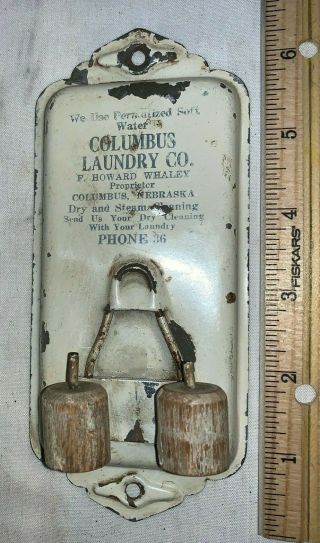 Antique Tin Broom Holder Tool Columbus Ne Nebraska Laundry Vintage Clothing Sign