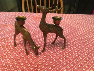 Set Of 2 Vintage Brass Figurine Deer Buck Reindeer Candle Holder Christmas