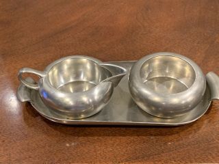 Vintage Deco Pewter Cream And Sugar With Under - Tray
