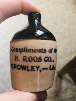 Rare Compliments Of H.  Roos Co.  Crowley Louisiana La Stoneware Mini Jug