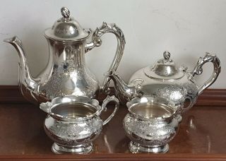 Antique Ornate Silver Plate Tea Coffee Pot Set Teapot Elegant Heavy Quality