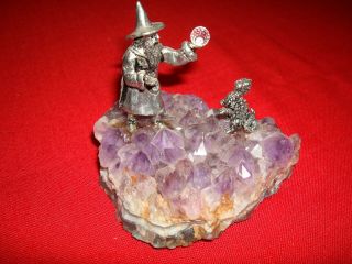 Pewter Wizard And Little Dragon On A Bed Of Amethyst Crystals 3 3/4 " Tall