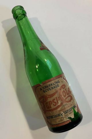 Vtg 1940s Pepsi Cola Bottle 12 Oz Green Glass Sparkling Satisfying Chicago Paper