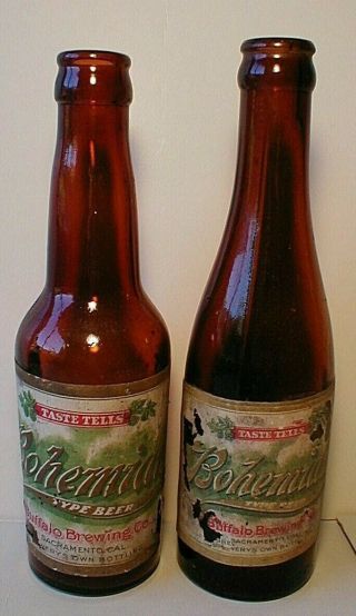 2 Pre Pro 1/2 Pt Paper Label Beer Bottles Buffalo Brewing Co,  Sacramento,  Cal.