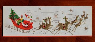 Vintage Christmas Card Embossed 9 " Santa & Reindeer Mid - Century