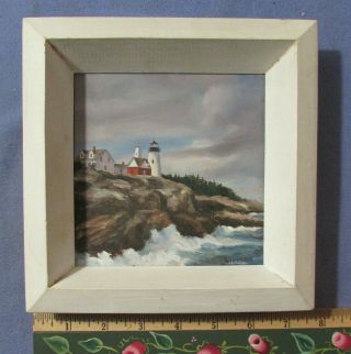 Vintage 1964 Pemaquid Point Maine Framed Oil Painting By W Perkins 7 1/2 X 7 1/2