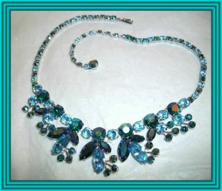 Sherman Teal & Sky Blue & Emerald Ab - Leaf Cluster & Pistil Motif Necklace Nr