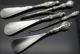 Sterling Silver Handled Shoe Horns - Button Hook - Curling Tongs - Antique