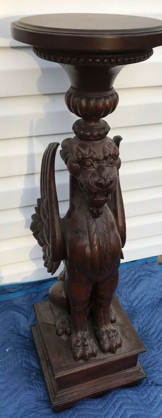 Carved Winged Griffin Mahogany Pedestal Plant Stand