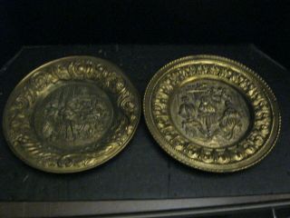 Made In England - Pair Embossed Brass Wall Plates - Old Tavern Scenes