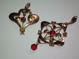 X2 Antique C1900 9ct Gold Garnet / Stone Set Arts & Crafts / Nouveau Pendants