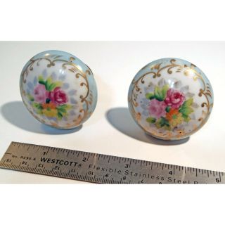 2 Antique Vintage Hand Painted French White Porcelain Door Knobs Floral And Gold
