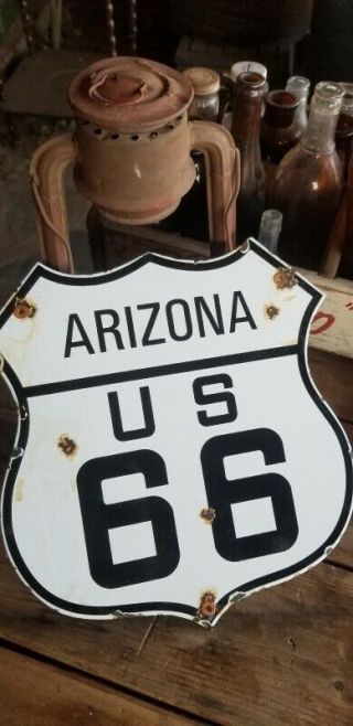 " Az.  Route 66 " Vintage Porcelain Steel Road Sign From Chicago To La 66.