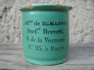 Early Green Tinglaze Delftware Ointment Pot Demarson Parfr.  Breveté Paris