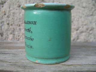Early Green Tinglaze Delftware Ointment Pot DEMARSON Parfr.  Breveté Paris 2