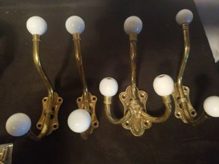 4 Piece Vintage Brass Or Metal Porcelain Knob Wall / Coat / Hat / Towel Hooks